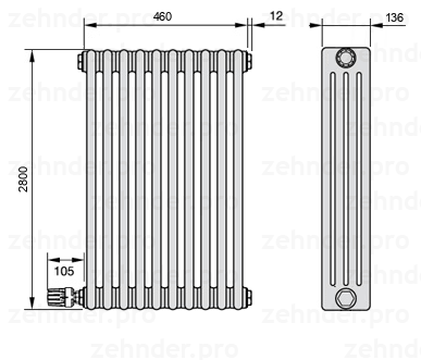 Схема (чертеж) Радиатор Zehnder Charleston 4280/10 №V004 Белый глянцевый RAL 9016